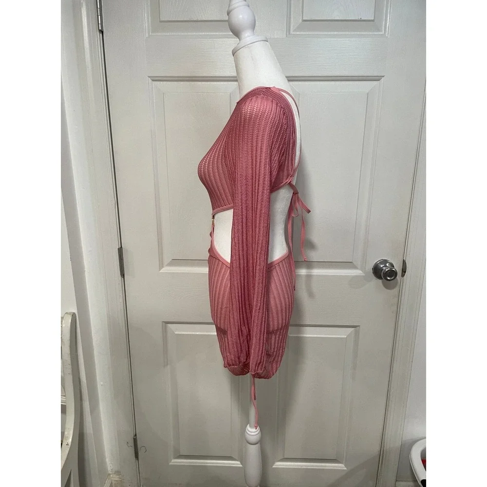 NEW Lilosy Pink Triangle Thong Tie Bikini Set Sexy Mesh Sheer Cover Up Lace Up S - Picture 2 of 12